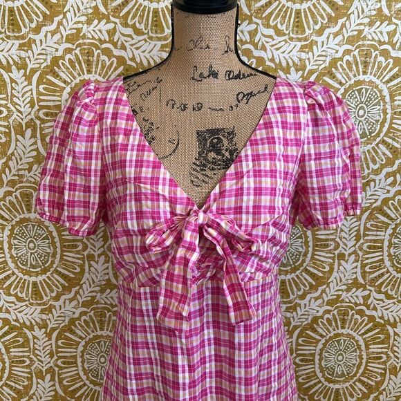 NWT LIKELY Kai Check Ruffle Hem Puff Sleeve Mini Dress in Fuchsia Multi size 10 - Picture 8 of 15